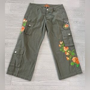 JOHNNY WAS JW LOS ANGELES Angel Embroidered Army Green Y2K Style Cargo Pants